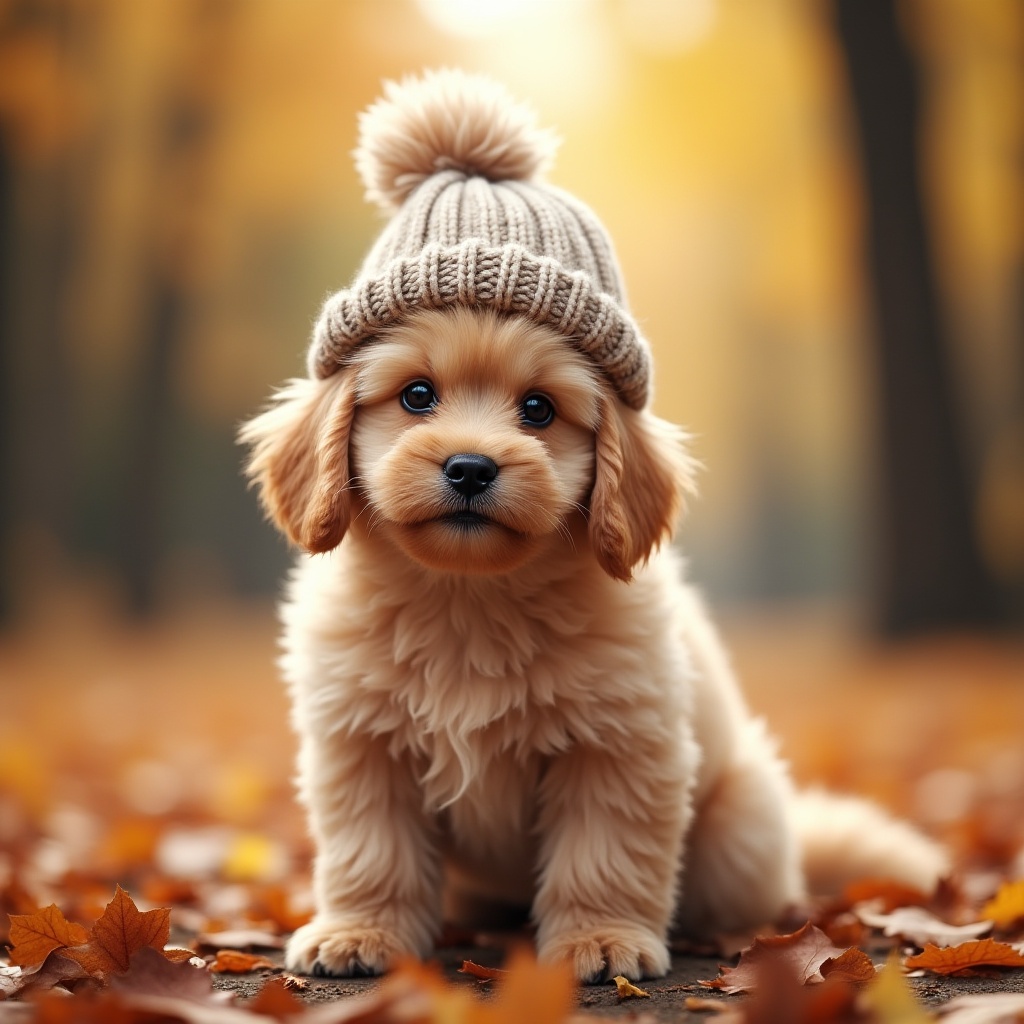 Cute puppy wearing a hat in autumn park setting Cute puppy wearing a hat in autumn park setting