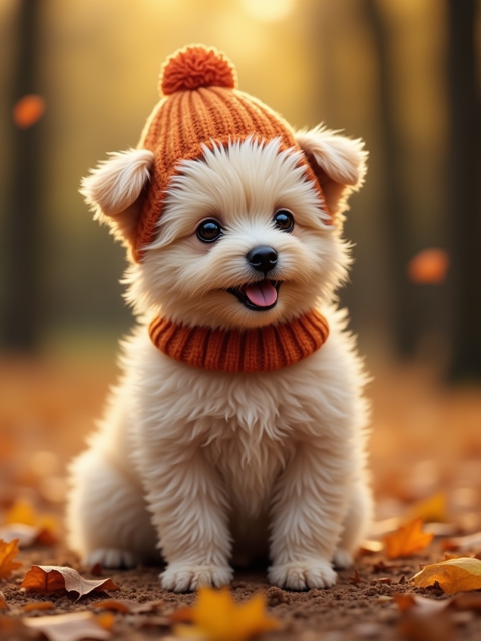 Happy puppy in a cozy hat enjoys autumn leaves Happy puppy in a cozy hat enjoys autumn leaves