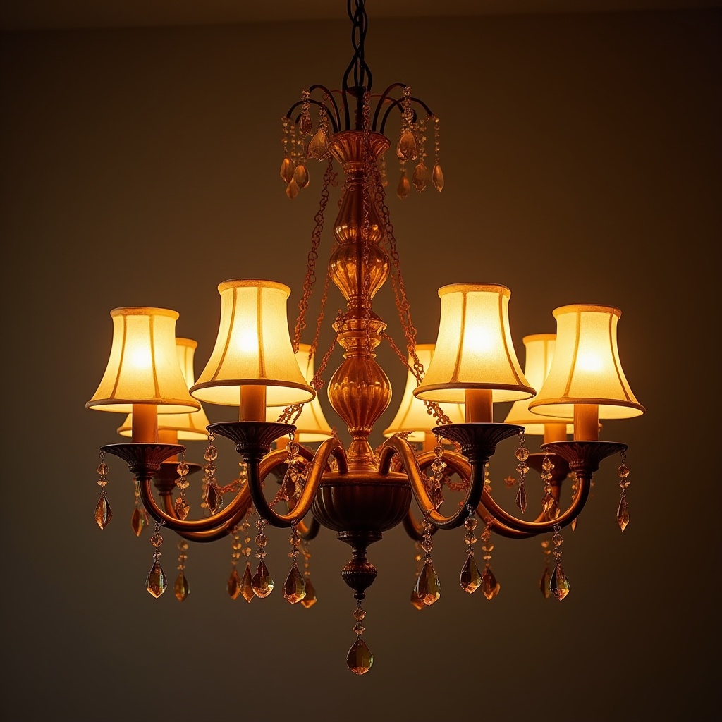 Elegant chandelier with warm glow in dim room setting Elegant chandelier with warm glow in dim room setting