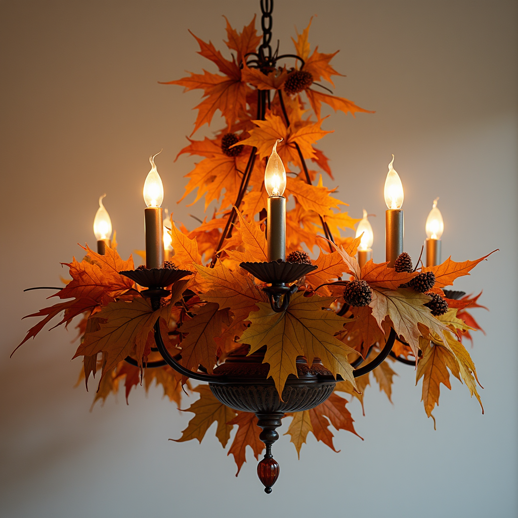 Unique chandelier decorated with autumn leaves and lights Unique chandelier decorated with autumn leaves and lights
