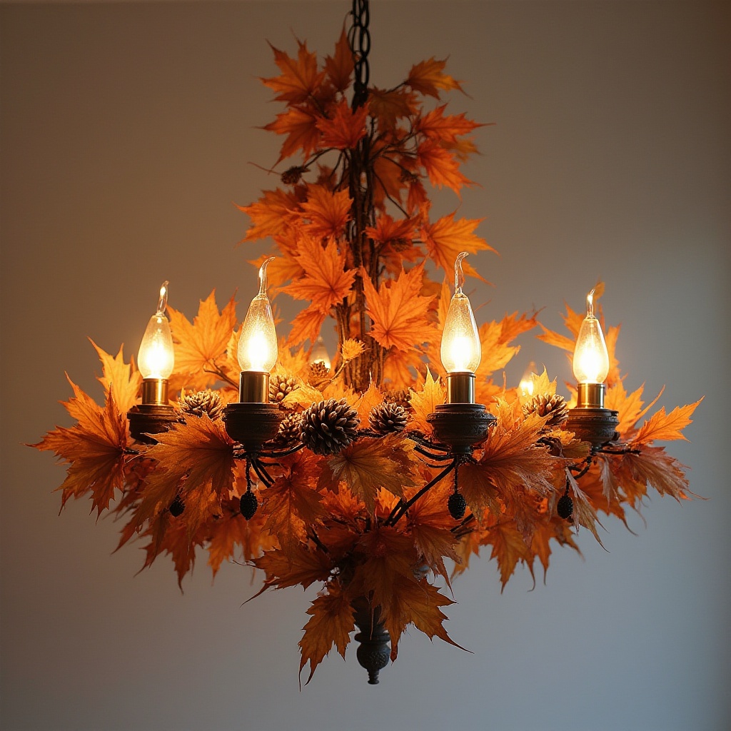 Beautiful autumn chandelier with warm lighting and leaves Beautiful autumn chandelier with warm lighting and leaves