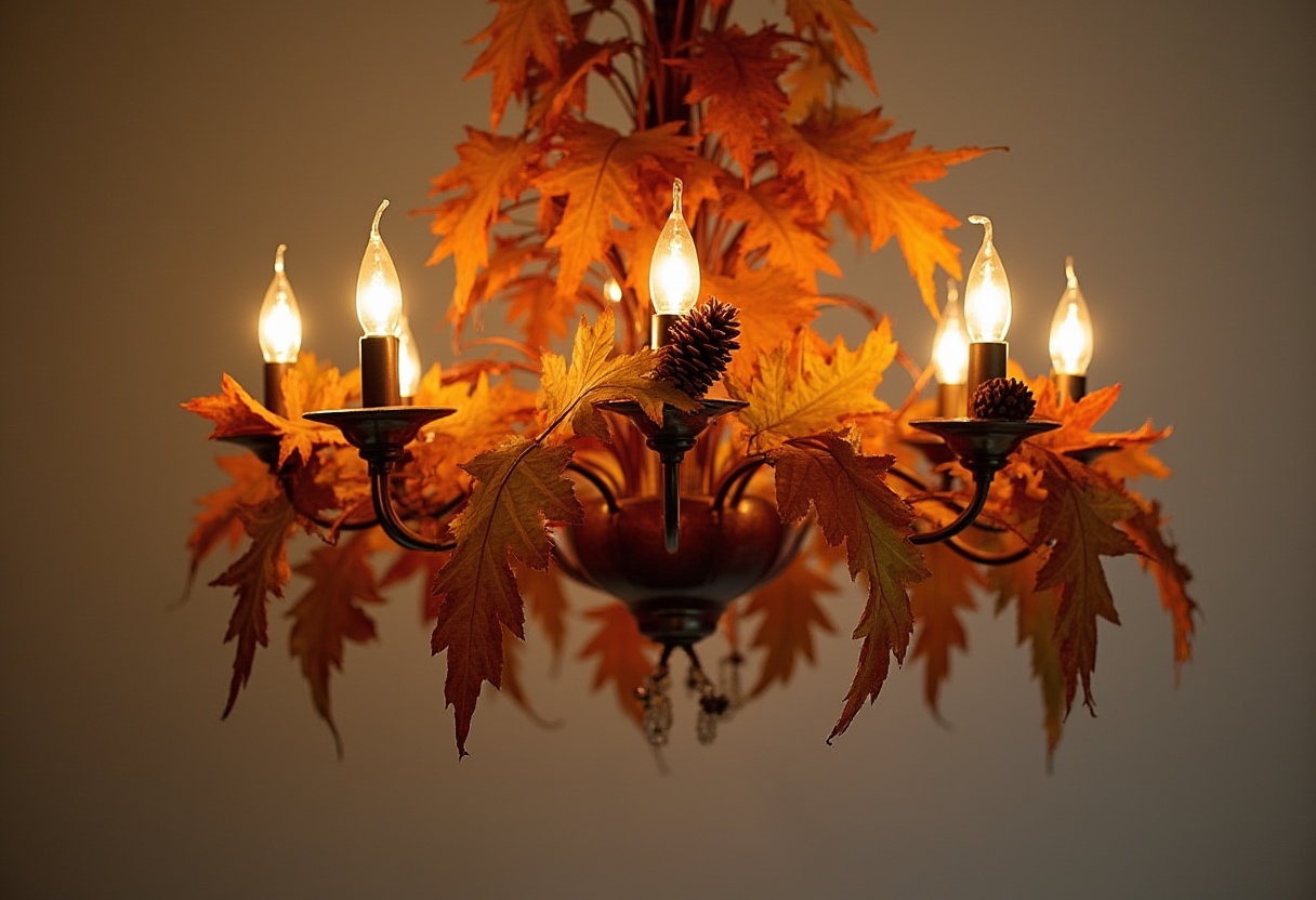 Warm autumn chandelier with glowing lights and leaves Warm autumn chandelier with glowing lights and leaves