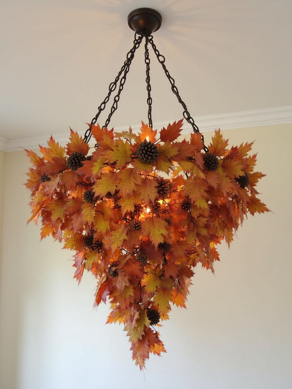 Chandelier decorated with autumn leaves and pinecones Chandelier decorated with autumn leaves and pinecones