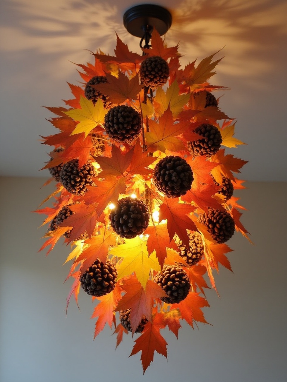 Autumn-themed light fixture with leaves and pine cones Autumn-themed light fixture with leaves and pine cones
