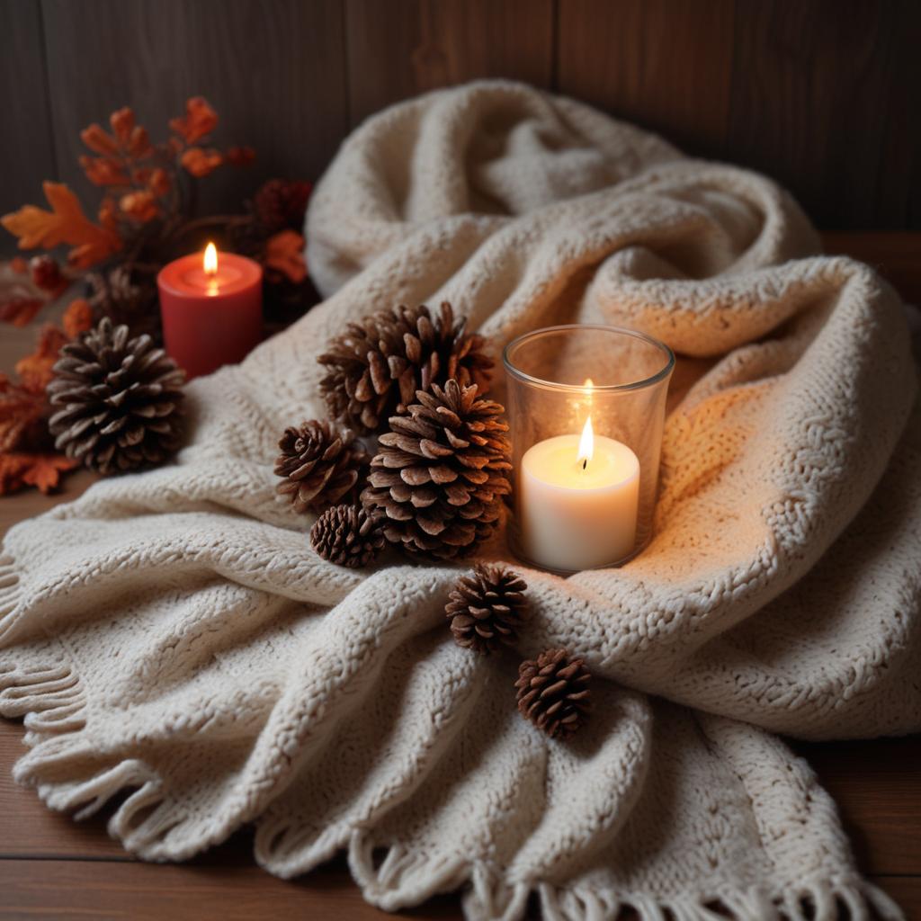 Cozy autumn setting with candles and pinecones Cozy autumn setting with candles and pinecones