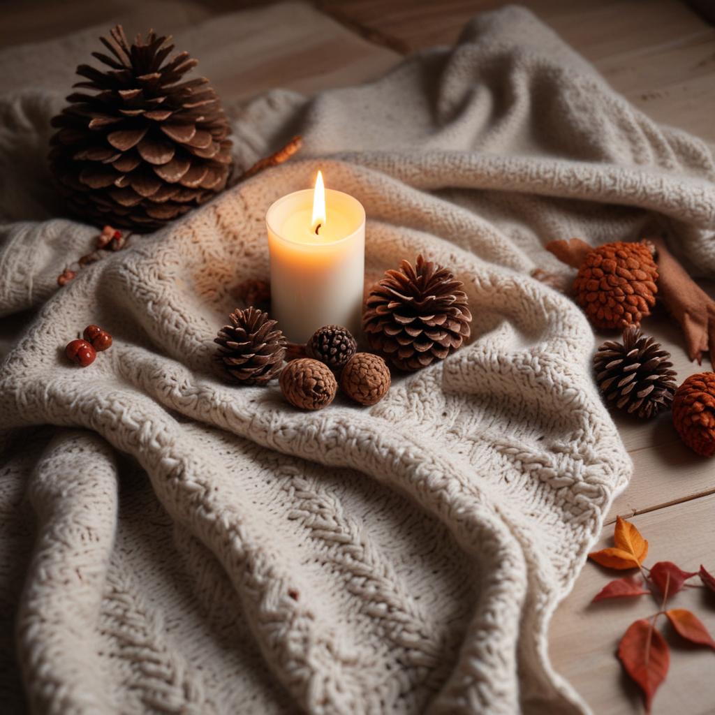 Cozy autumn setup with candle and pine cones on blanket Cozy autumn setup with candle and pine cones on blanket