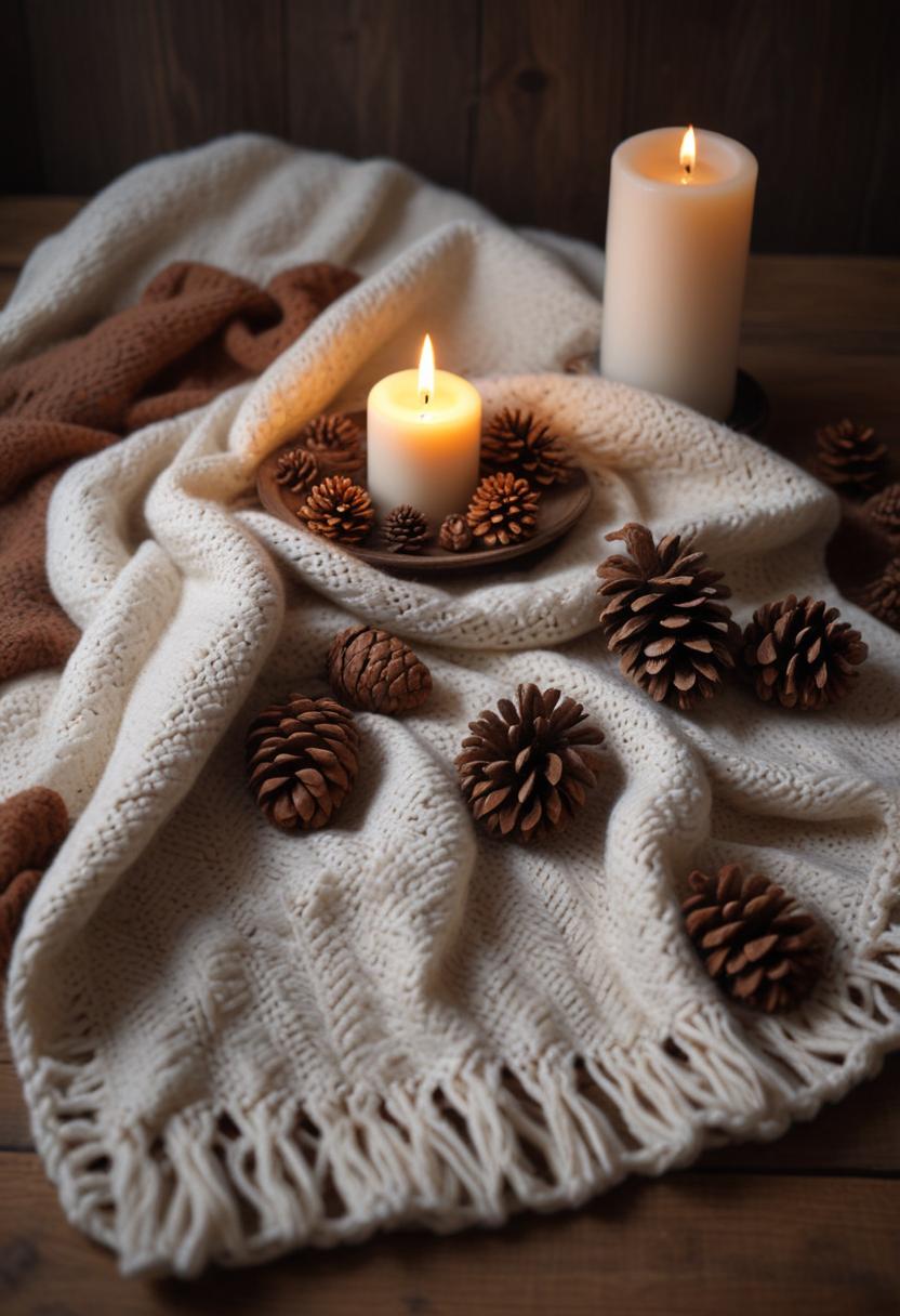 Cozy autumn scene with candles and pine cones Cozy autumn scene with candles and pine cones