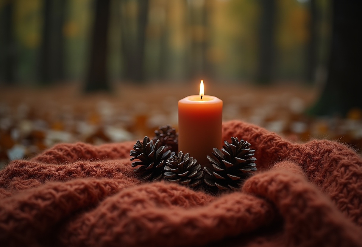Cozy candle with pine cones in a forest setting Cozy candle with pine cones in a forest setting