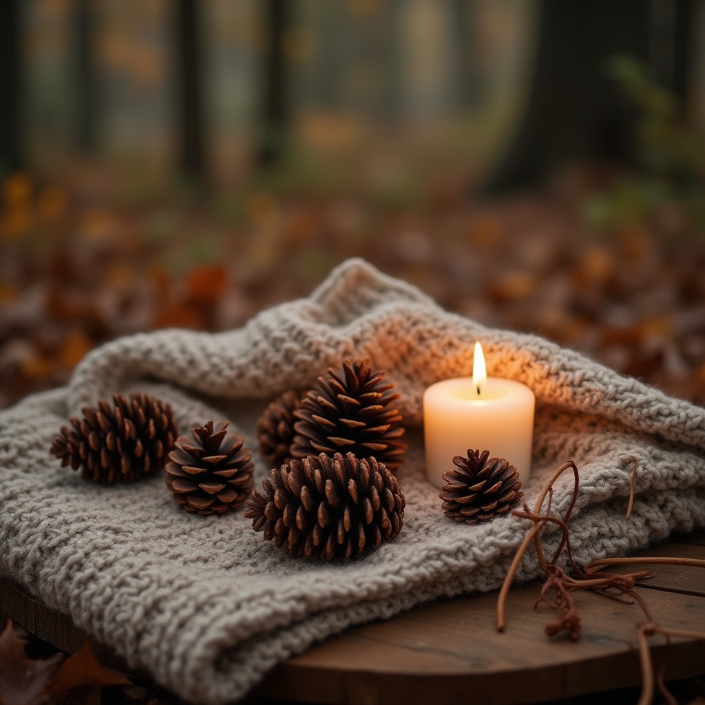 Cozy autumn scene with candle and pine cones Cozy autumn scene with candle and pine cones