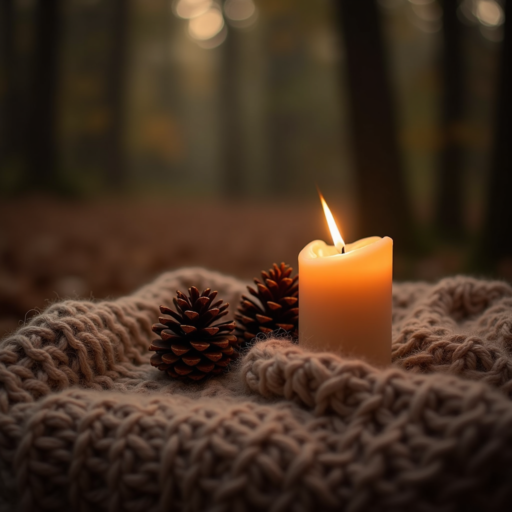 Candle surrounded by pine cones in a tranquil forest setting Candle surrounded by pine cones in a tranquil forest setting