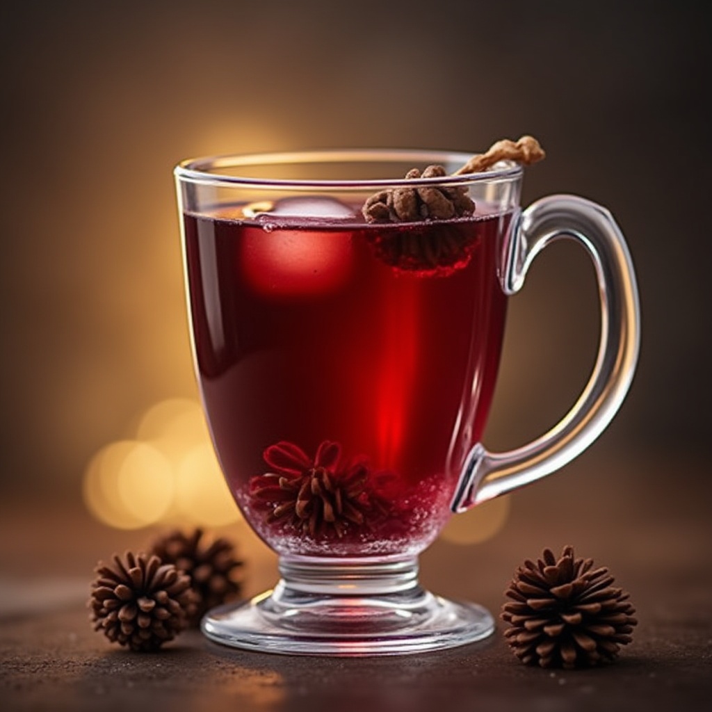 Warm red drink in glass mug with pine cones Warm red drink in glass mug with pine cones