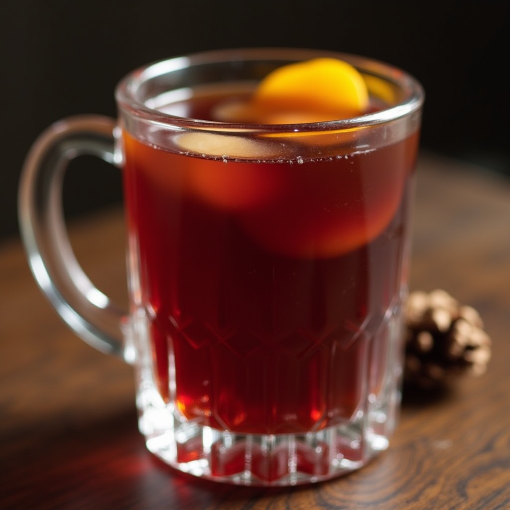 Warm drink with citrus in a glass mug on wooden table Warm drink with citrus in a glass mug on wooden table