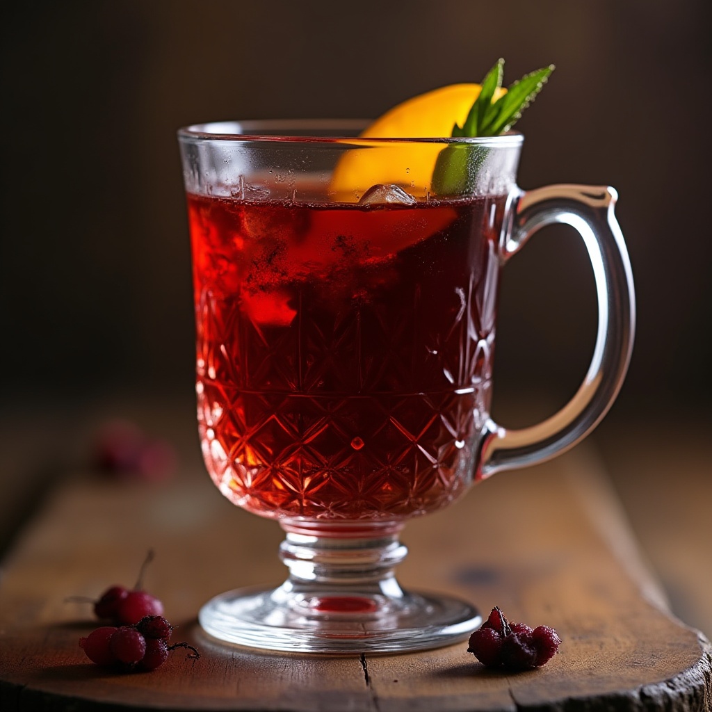 Refreshing red drink with citrus garnish on wooden table Refreshing red drink with citrus garnish on wooden table