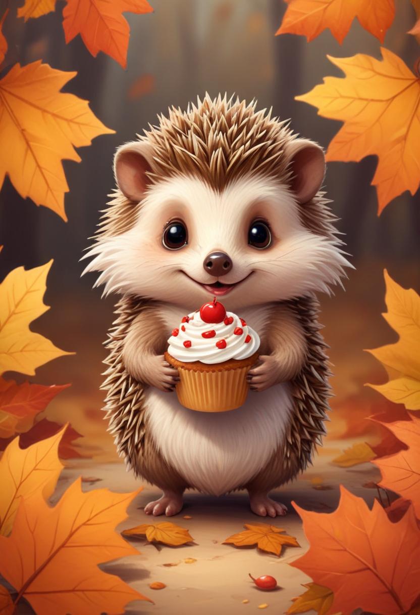 Cute hedgehog enjoying cupcake in autumn leaves Cute hedgehog enjoying cupcake in autumn leaves