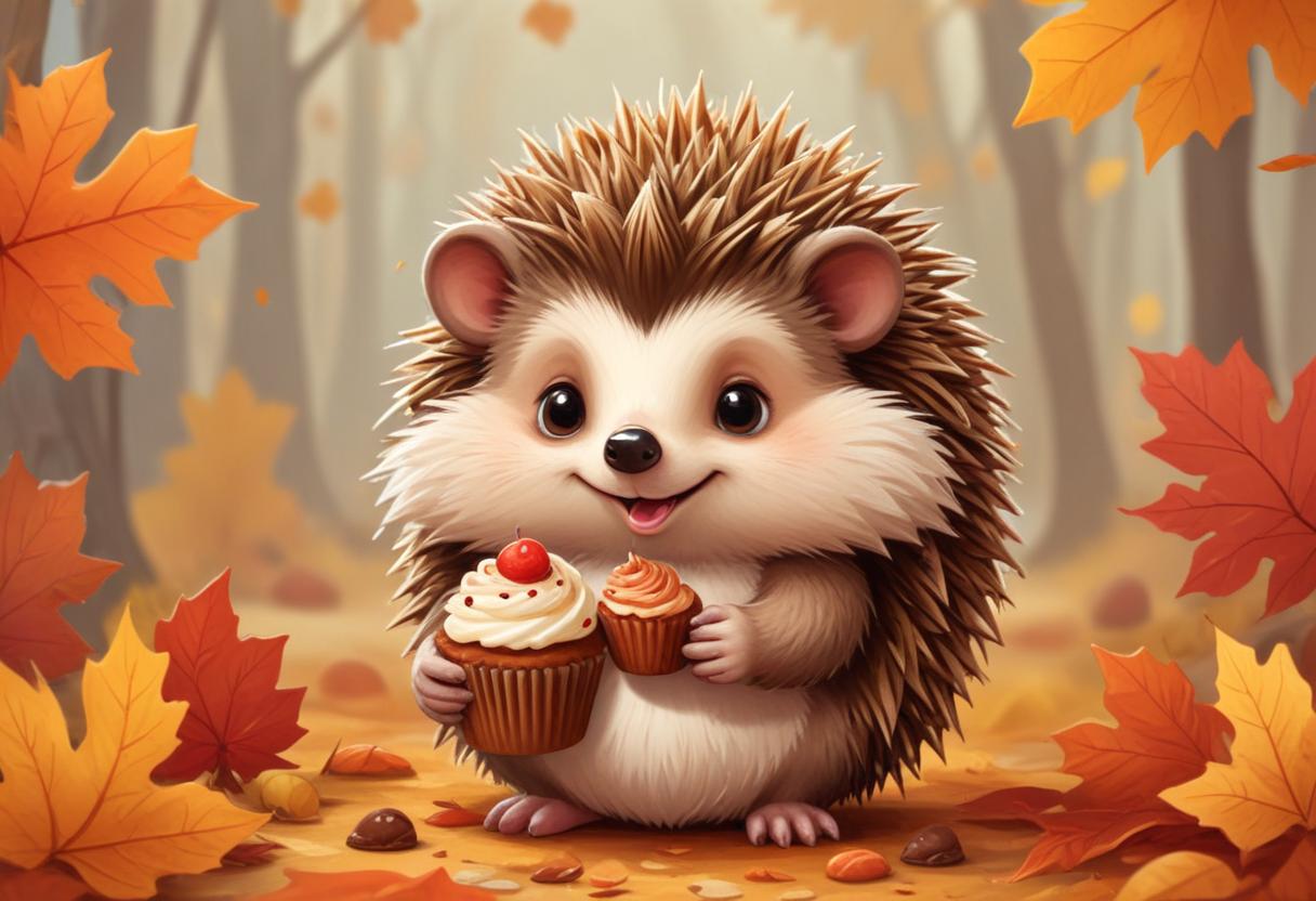 Hedgehog enjoying cupcakes in an autumn forest Hedgehog enjoying cupcakes in an autumn forest