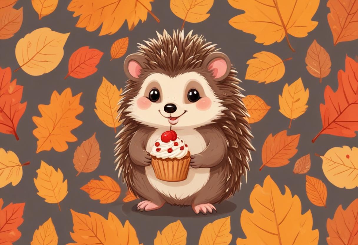 Cute hedgehog with cupcake in autumn leaves Cute hedgehog with cupcake in autumn leaves