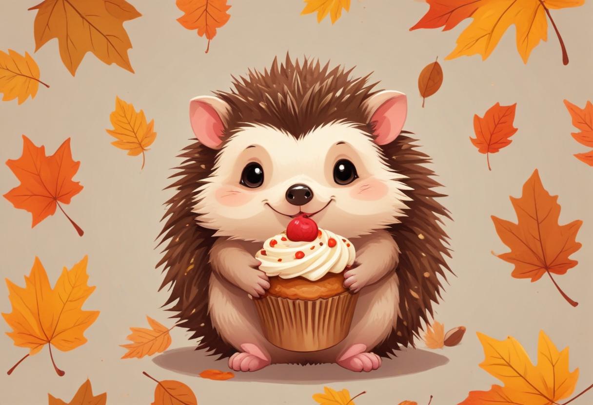 Cute hedgehog holding a cupcake among autumn leaves Cute hedgehog holding a cupcake among autumn leaves