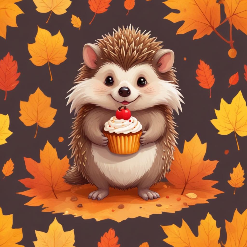 Cute hedgehog holding a cupcake among autumn leaves Cute hedgehog holding a cupcake among autumn leaves