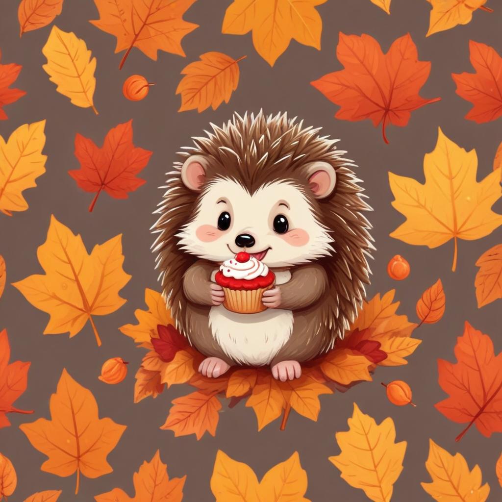 Hedgehog enjoys cupcake surrounded by autumn leaves Hedgehog enjoys cupcake surrounded by autumn leaves