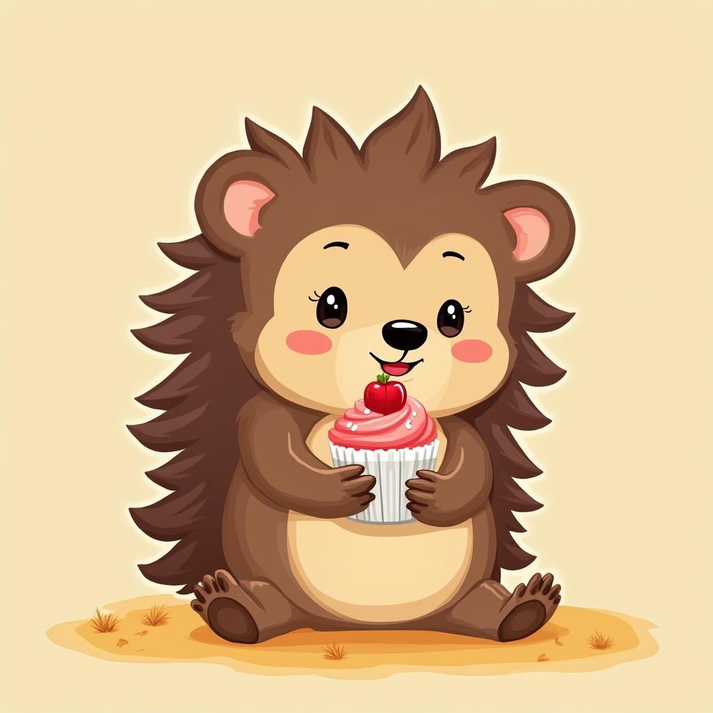 Cute hedgehog enjoys a cupcake in a cozy setting Cute hedgehog enjoys a cupcake in a cozy setting