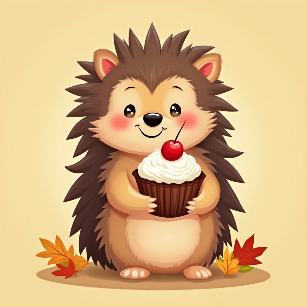 Cute hedgehog holding a cupcake with autumn leaves Cute hedgehog holding a cupcake with autumn leaves