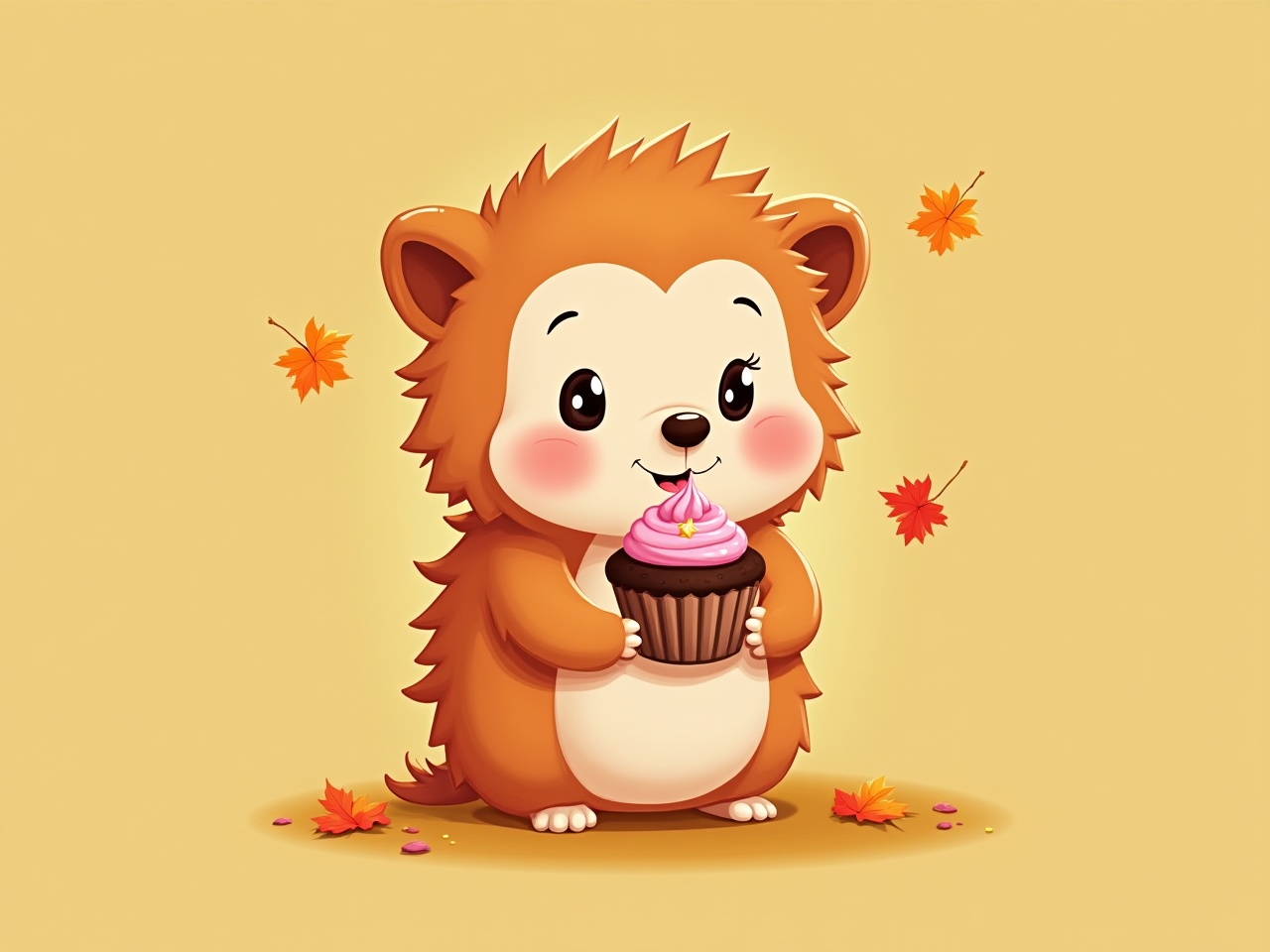 Cute hedgehog enjoys cupcake in autumn setting Cute hedgehog enjoys cupcake in autumn setting