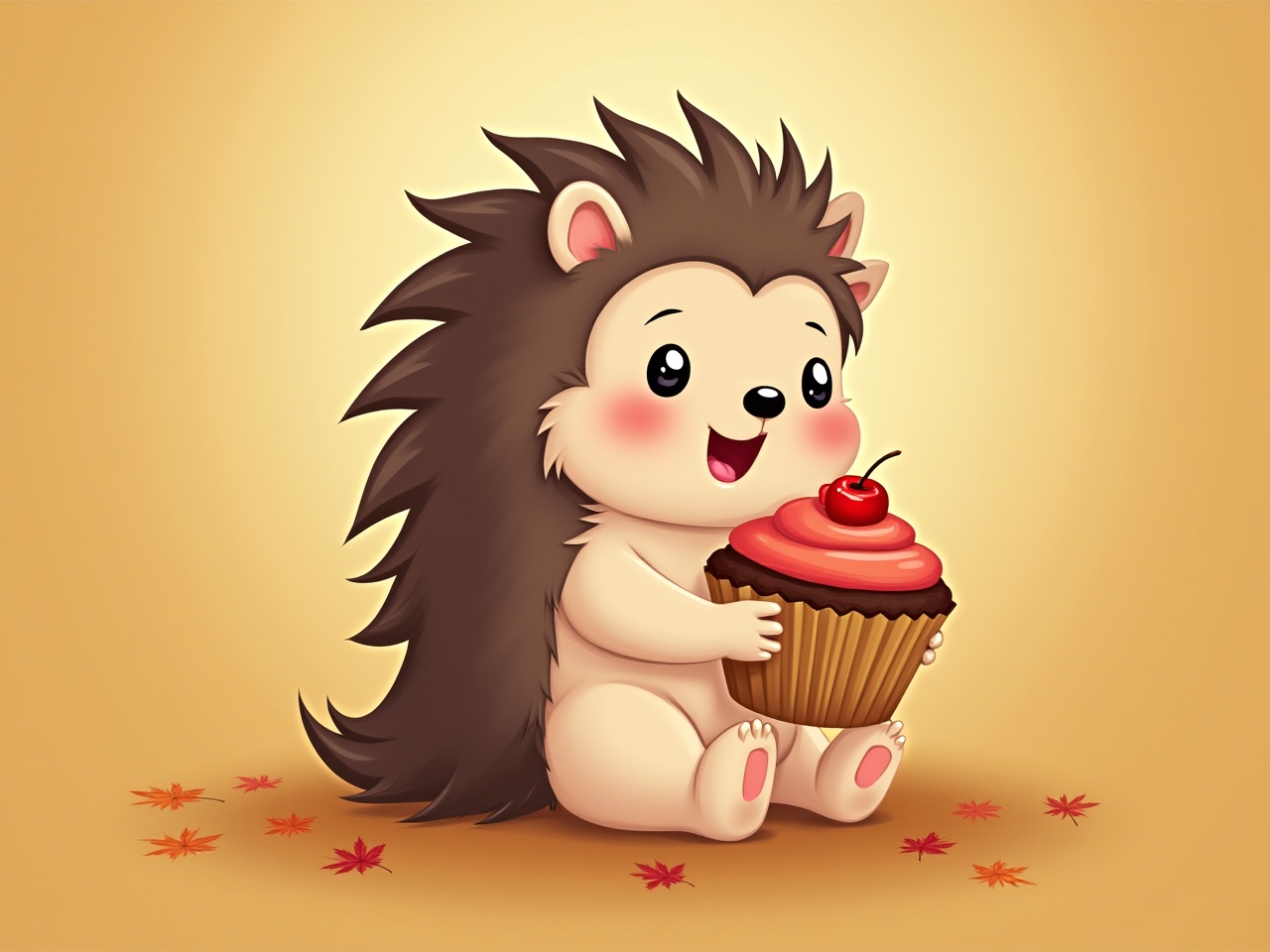 Cute hedgehog enjoying a cupcake in autumn scene Cute hedgehog enjoying a cupcake in autumn scene