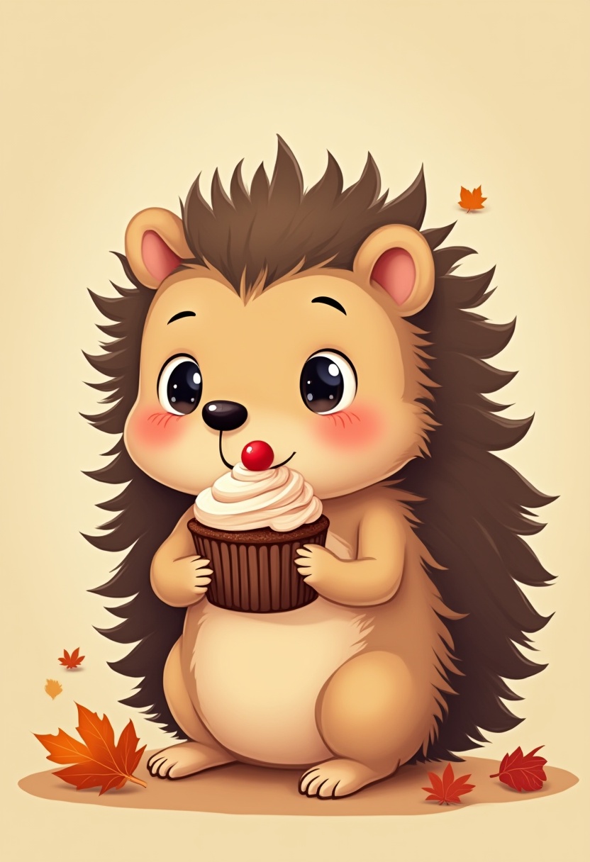 Cute hedgehog enjoys a cupcake in autumn setting Cute hedgehog enjoys a cupcake in autumn setting