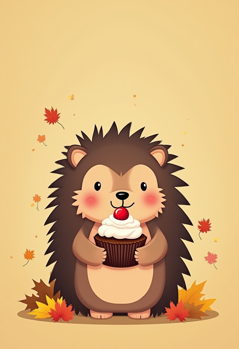 Cute hedgehog holding cupcake in autumn setting Cute hedgehog holding cupcake in autumn setting