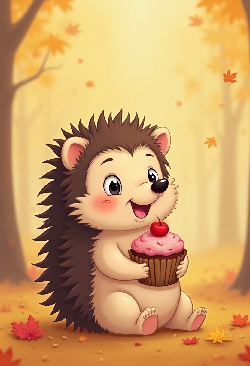 Cute hedgehog enjoying a cupcake in autumn forest Cute hedgehog enjoying a cupcake in autumn forest