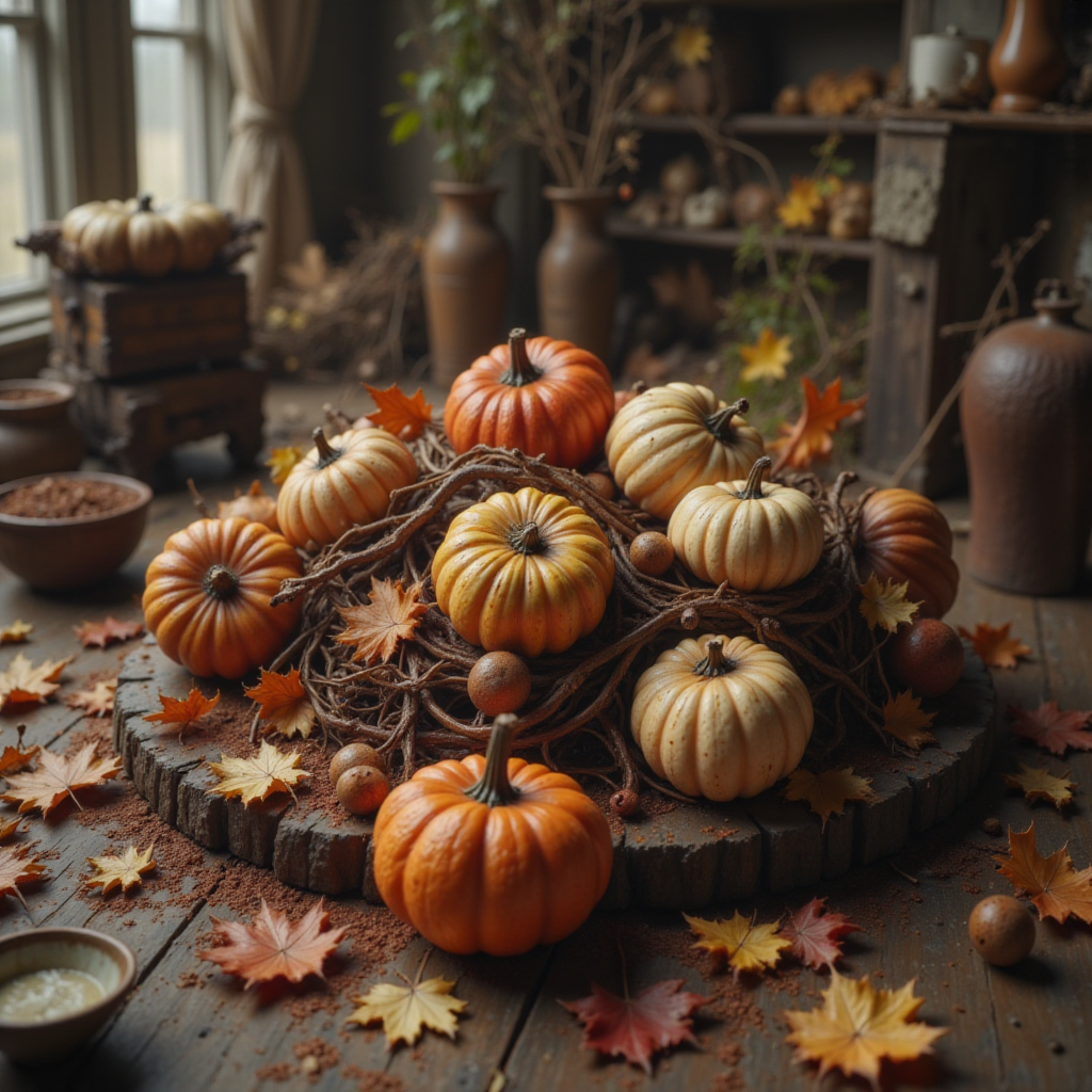Autumn display of pumpkins and leaves in cozy setting Autumn display of pumpkins and leaves in cozy setting