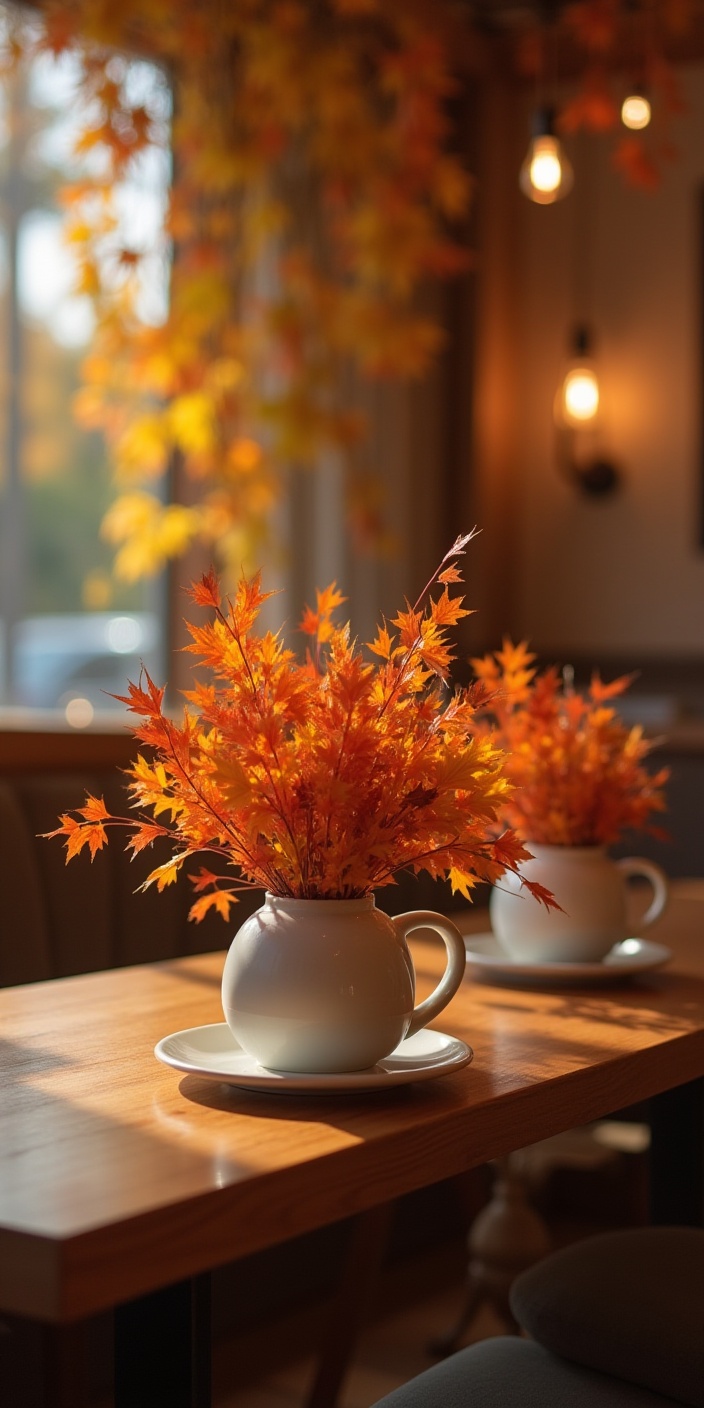 Cozy cafe with autumn flowers in warm lighting Cozy cafe with autumn flowers in warm lighting