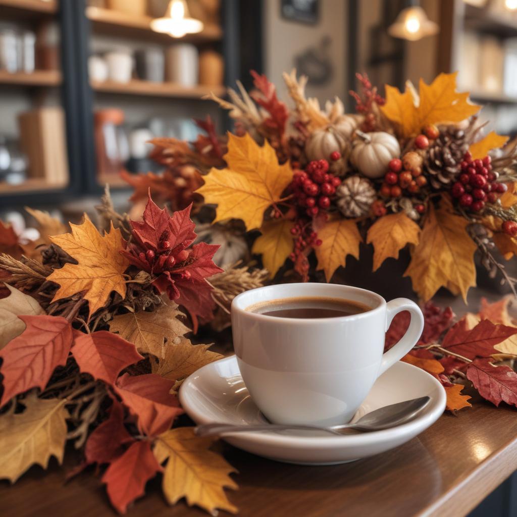 Warm coffee with autumn decorations on a wooden table Warm coffee with autumn decorations on a wooden table
