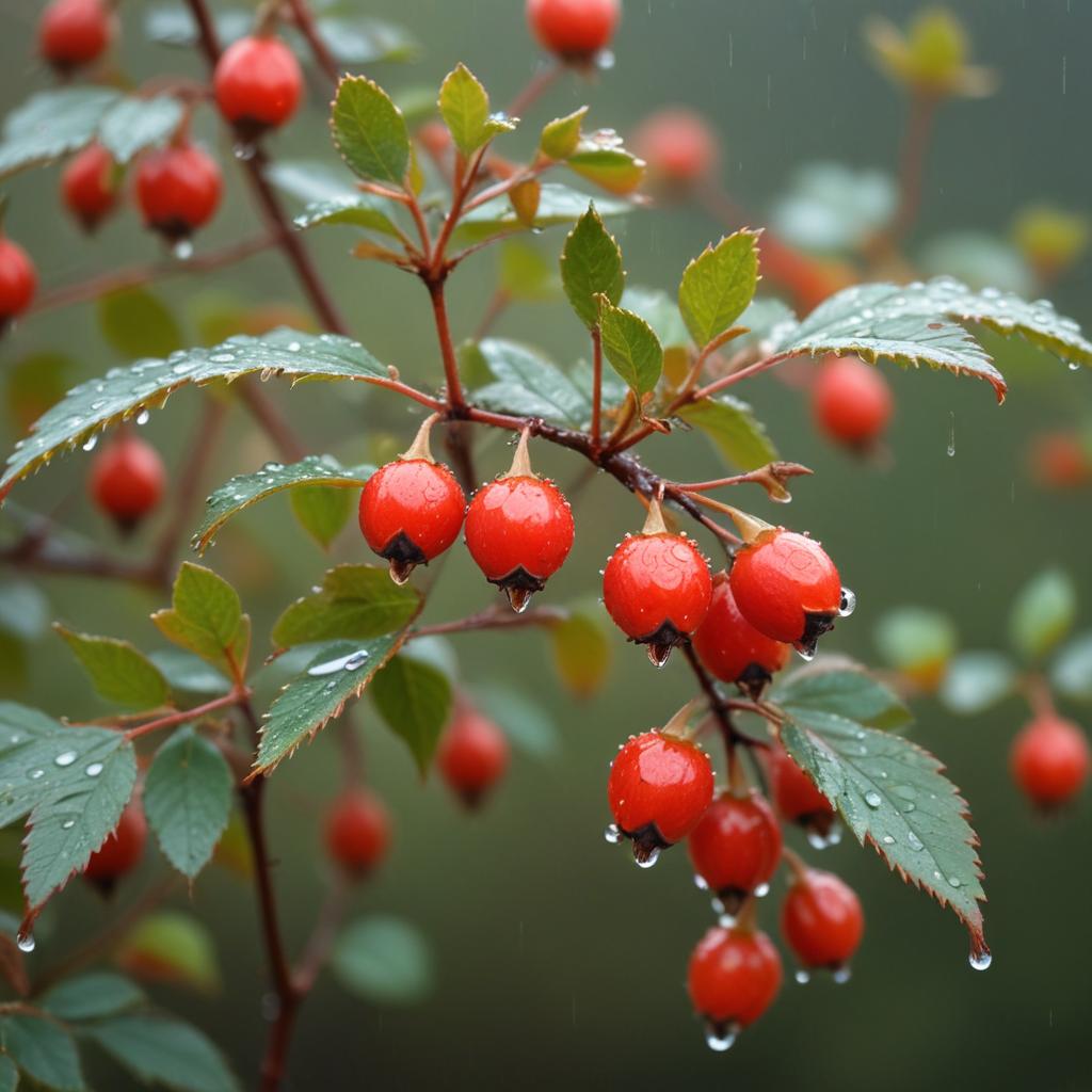 Bright red berries hang on green branches after rain Bright red berries hang on green branches after rain