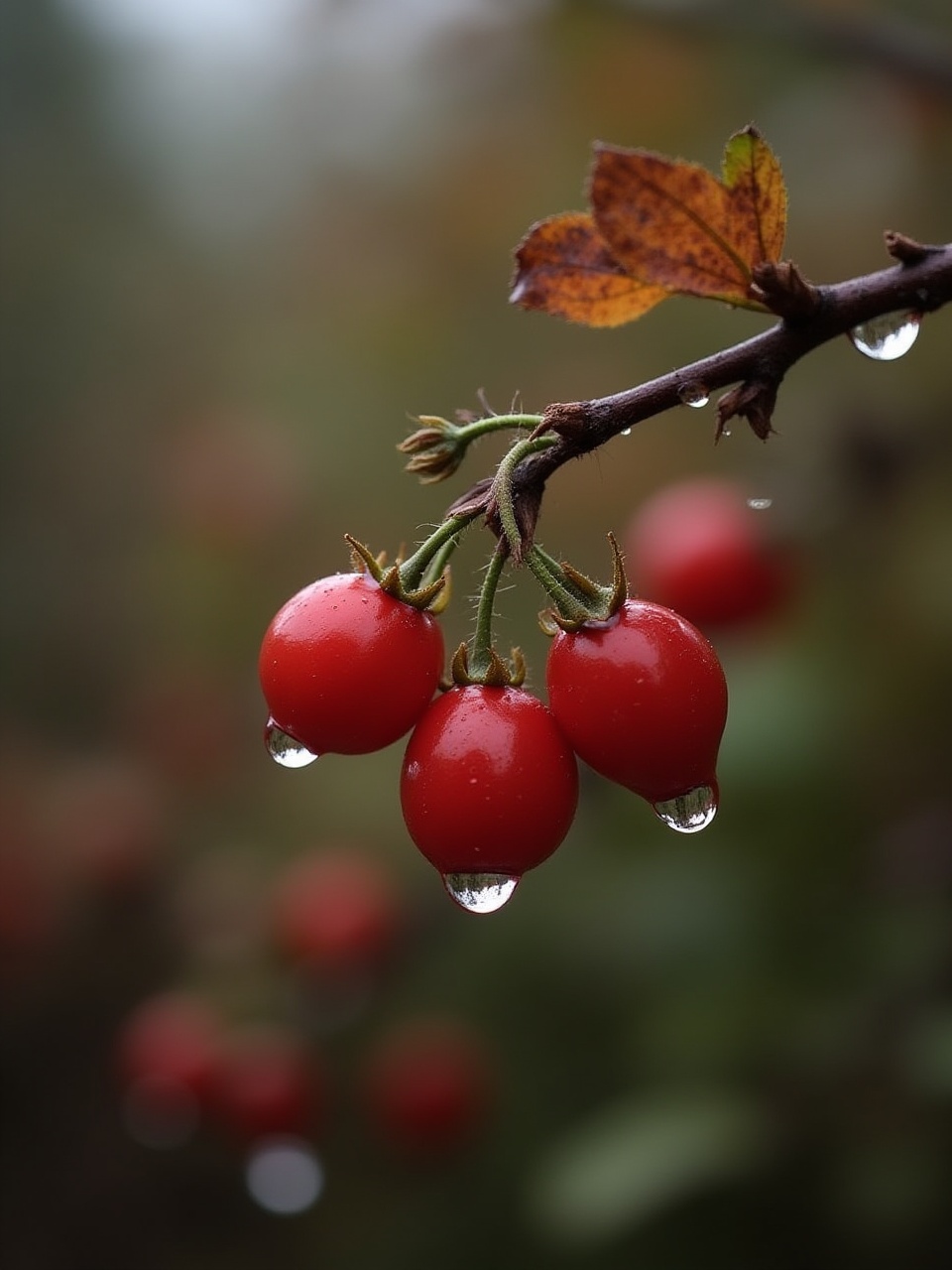 Red berries hang on a branch with dew drops in autumn Red berries hang on a branch with dew drops in autumn