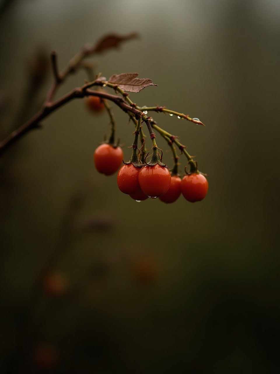 Red berries hanging from a branch in misty forest Red berries hanging from a branch in misty forest