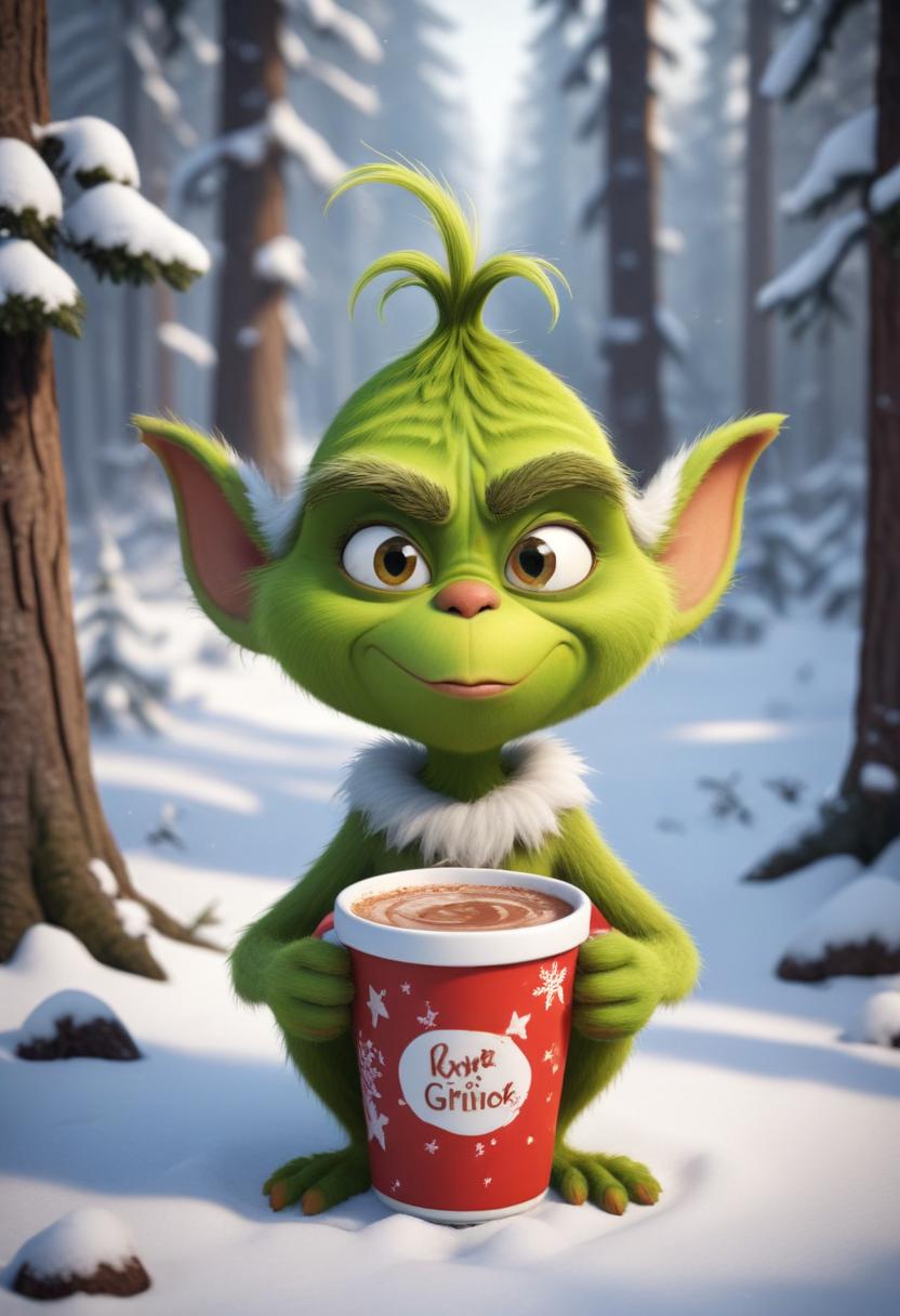 Green character enjoys warm drink in snowy forest setting Green character enjoys warm drink in snowy forest setting