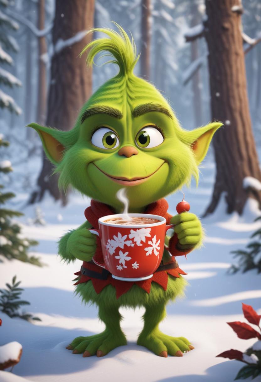 Cheerful green creature enjoys a warm beverage in winter Cheerful green creature enjoys a warm beverage in winter