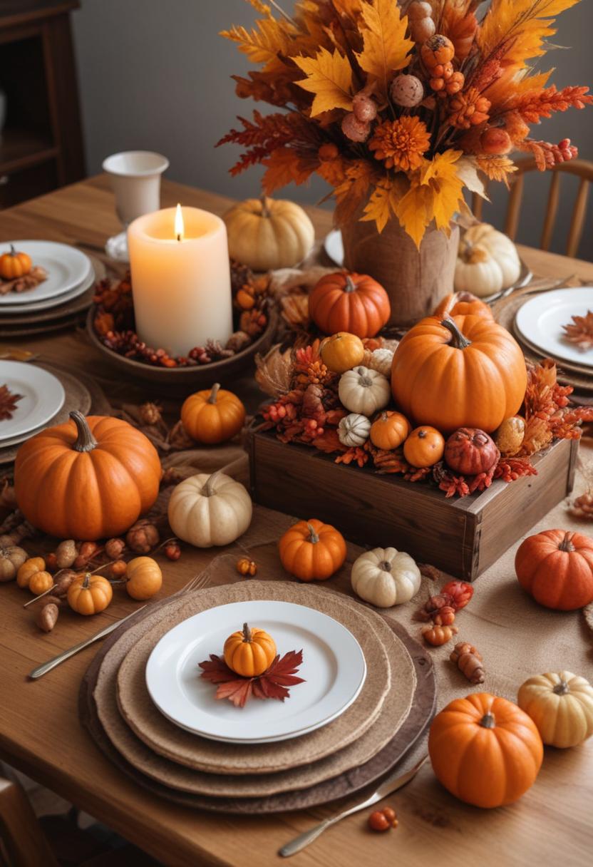 Beautiful autumn table setting with pumpkins and flowers Beautiful autumn table setting with pumpkins and flowers