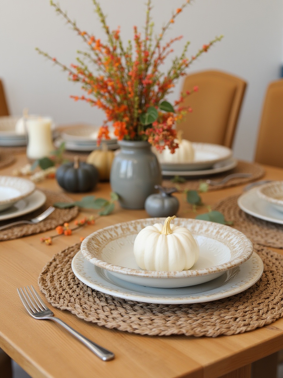 Autumn table setting with pumpkin centerpiece and decor Autumn table setting with pumpkin centerpiece and decor