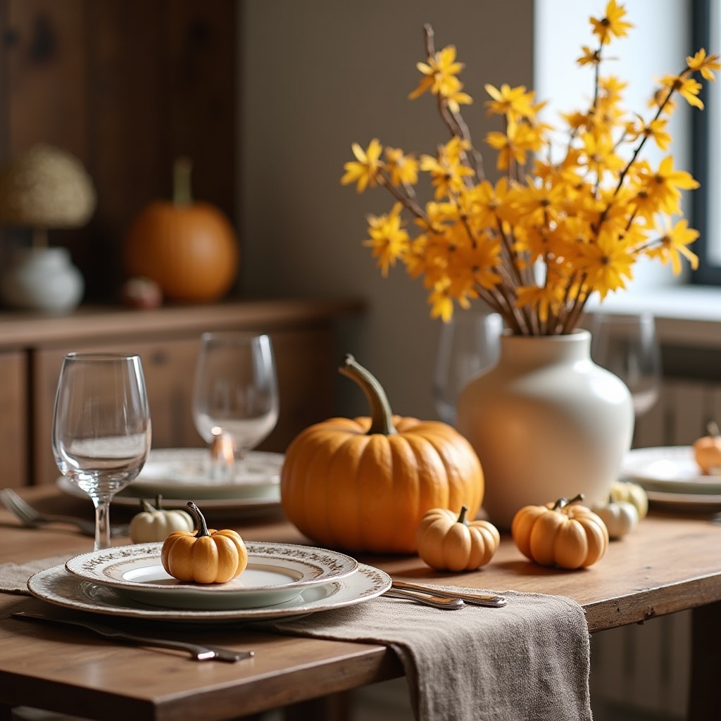 Autumn dining table decor with pumpkins and yellow flowers Autumn dining table decor with pumpkins and yellow flowers
