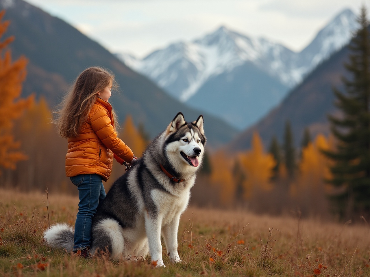 Child and husky dog in autumn mountain landscape Child and husky dog in autumn mountain landscape
