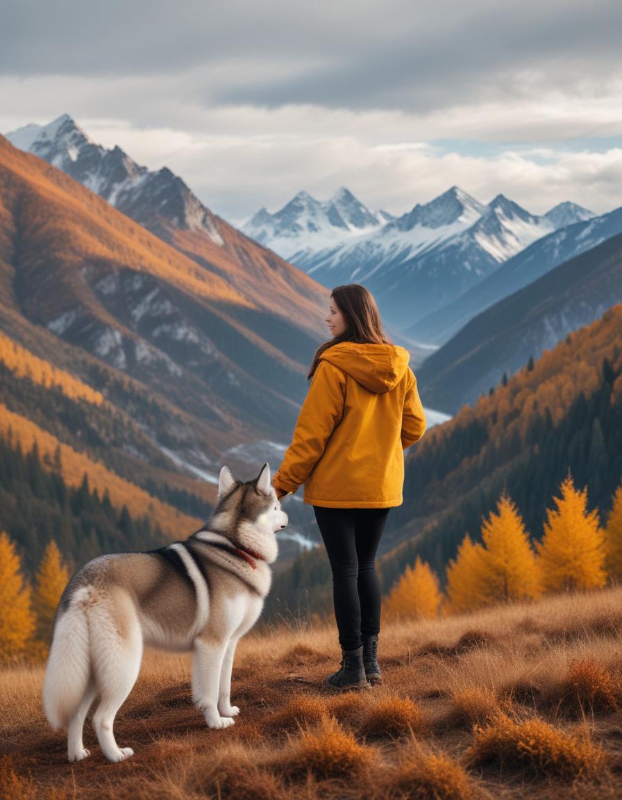 Hiking with a husky in autumn mountains during sunset Hiking with a husky in autumn mountains during sunset