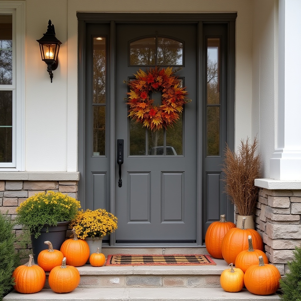 Beautiful fall entrance with pumpkins and autumn decor Beautiful fall entrance with pumpkins and autumn decor