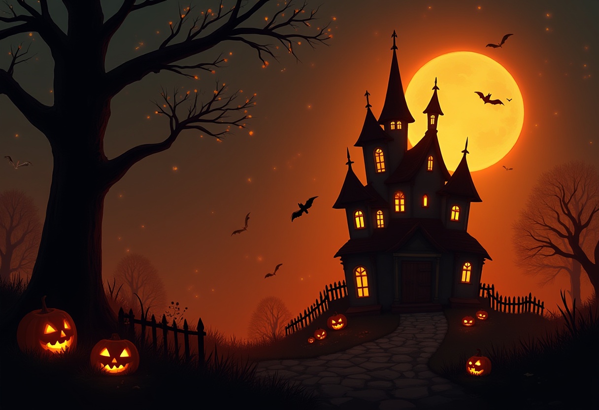 Haunted mansion under the full moon at halloween night Haunted mansion under the full moon at halloween night