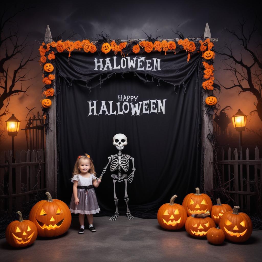 Sweet girl in halloween costume with pumpkins and skeleton Sweet girl in halloween costume with pumpkins and skeleton