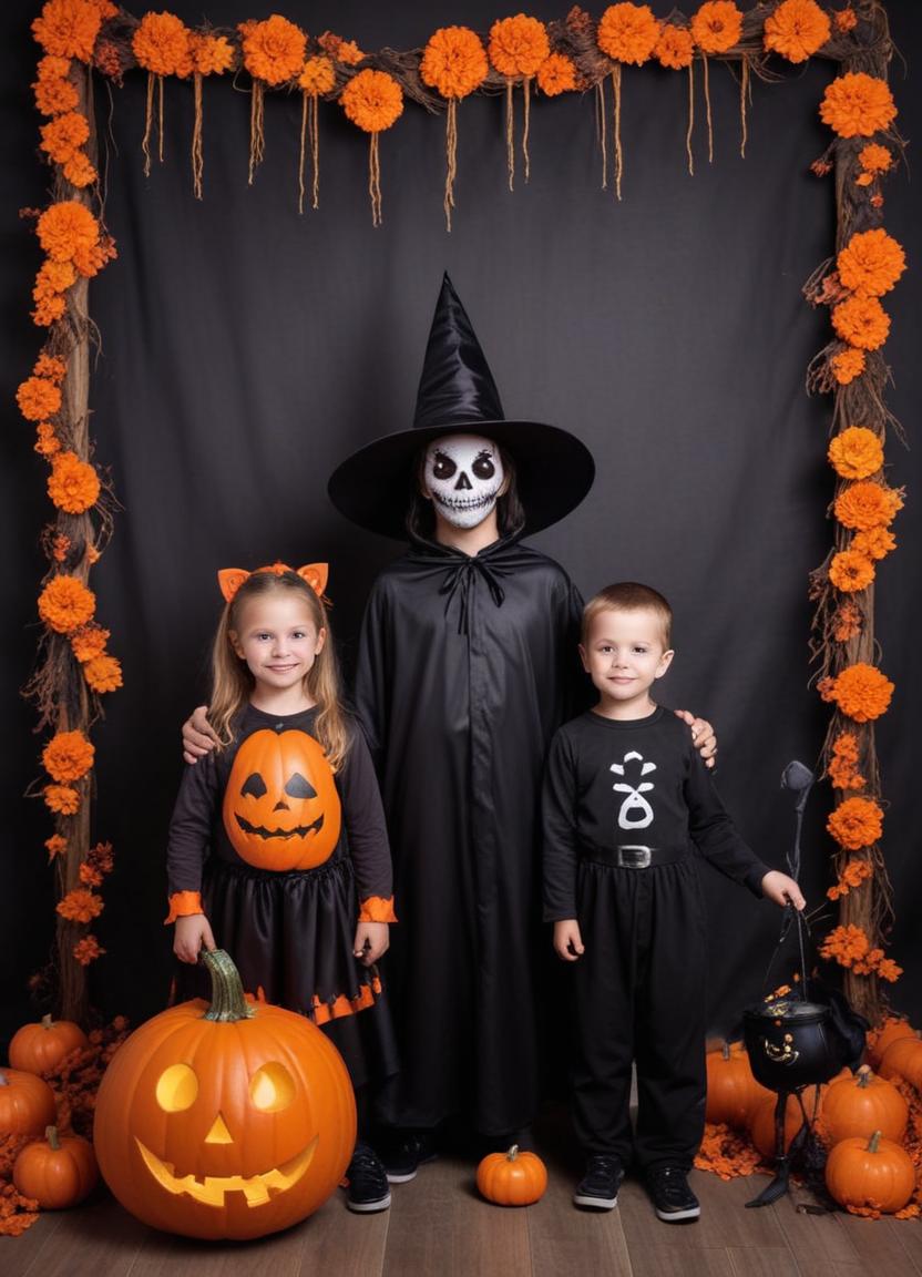 Kids celebrate halloween in spooky costumes and decorations Kids celebrate halloween in spooky costumes and decorations