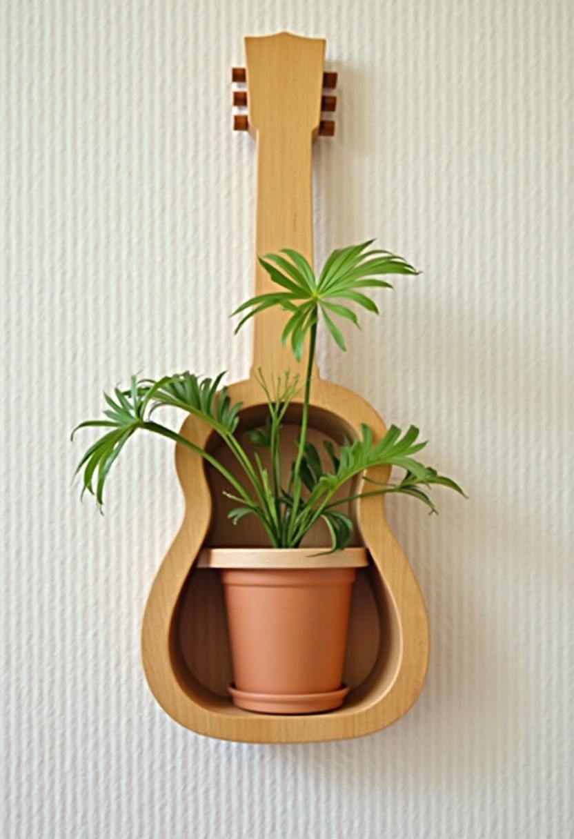 Unique wall decoration with guitar and potted plant Unique wall decoration with guitar and potted plant