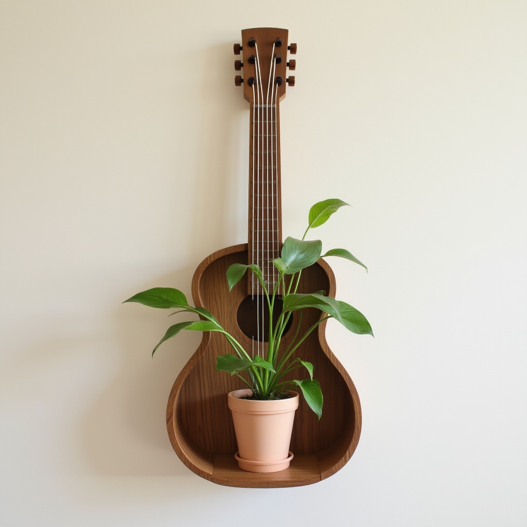 Guitar-shaped shelf with a plant in modern decor Guitar-shaped shelf with a plant in modern decor