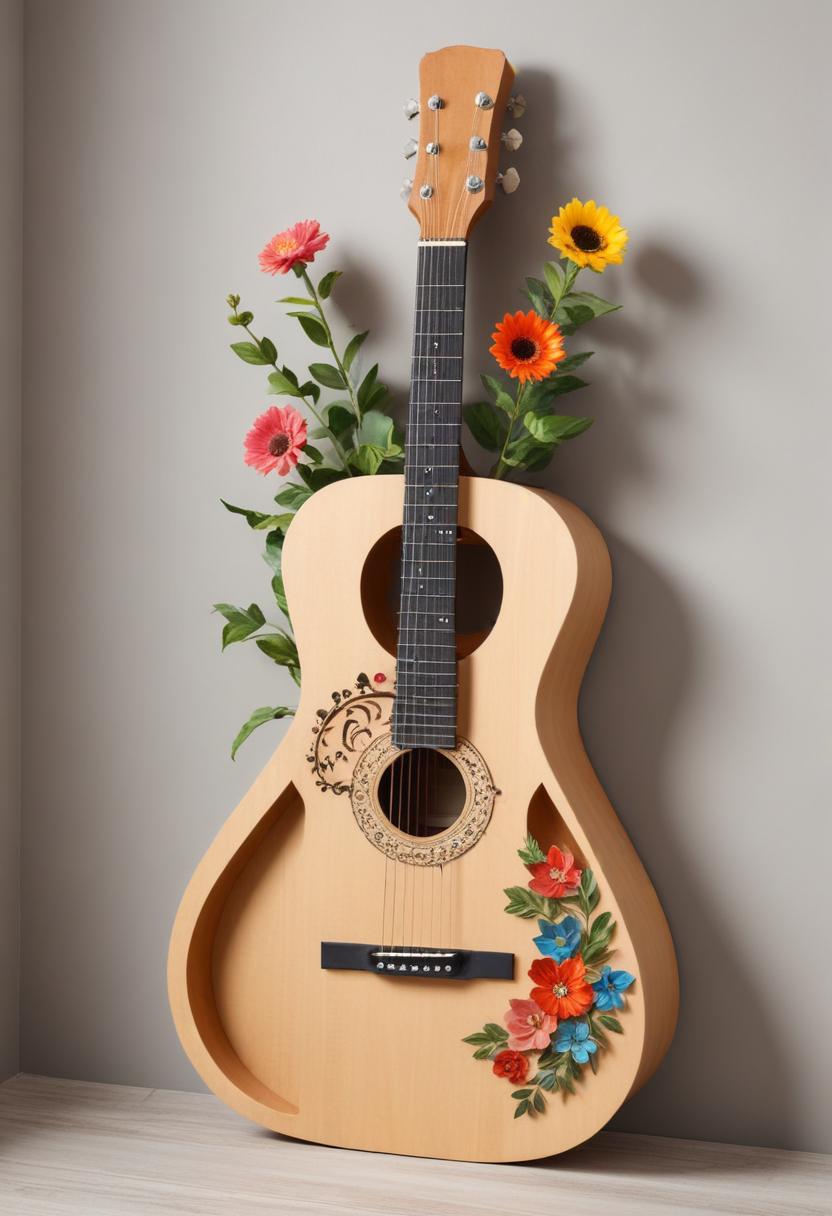 Beautifully decorated guitar with flowers in a cozy setting Beautifully decorated guitar with flowers in a cozy setting